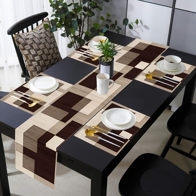 Linen Table Runner - VIKAMA Maillard Geometric Style Table Runner