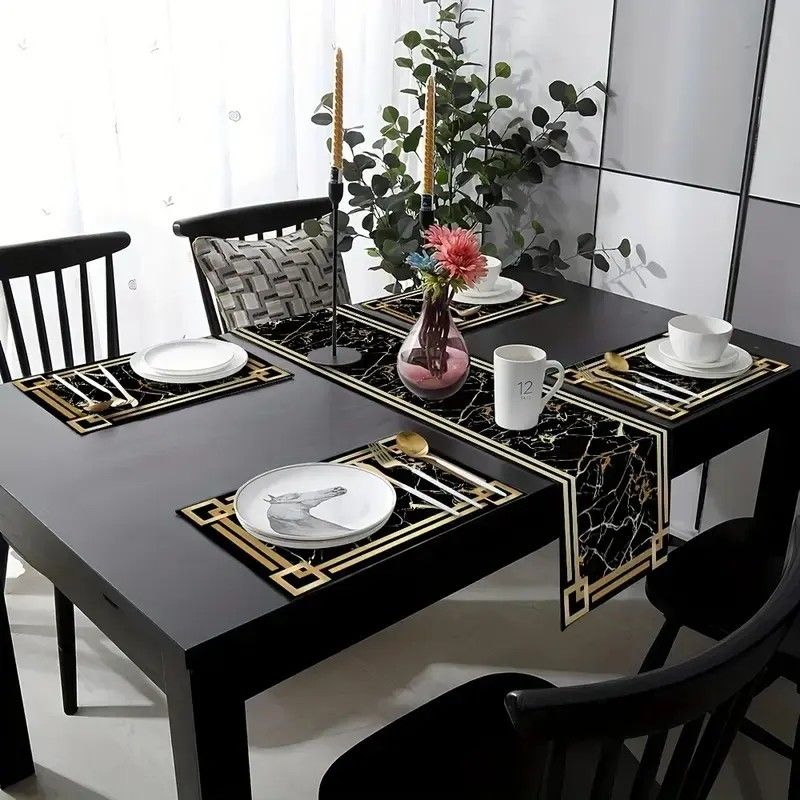 Linen Table Runner - VIKAMA Black Gold Marble Table Runner