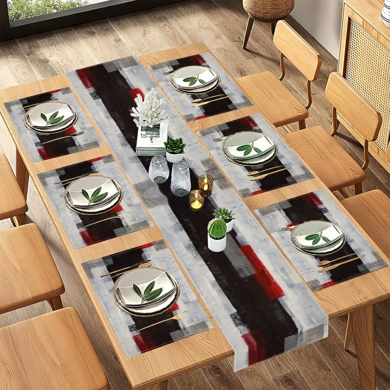 Modern Art Contrasting Abstrac - Linen Table Runner ulasan dan harga